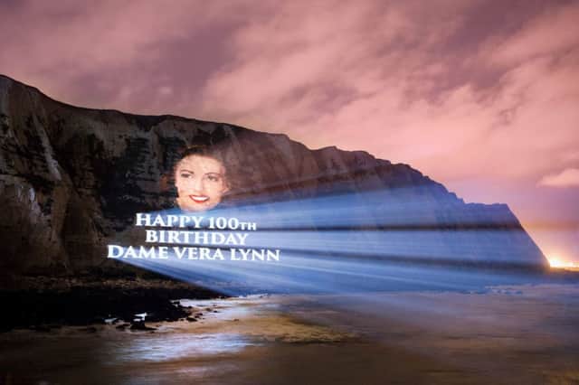 A practice run of Dame Vera Lynn's portrait projected onto the White Cliffs of Dover to celebrate her 100th birthday