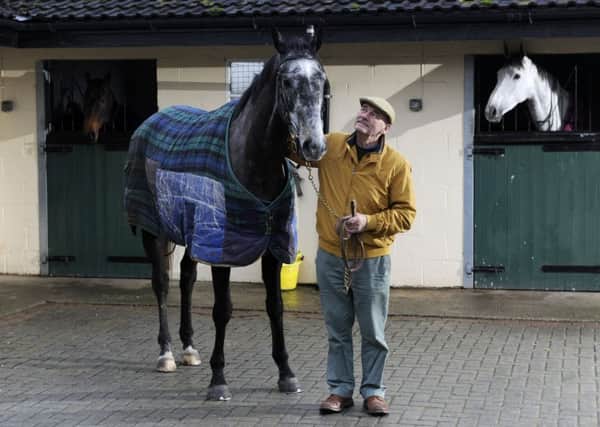 Trainer Malcolm Jefferson with Cloudy Dream, who will contest the Manifesto Novices Chase in April (Picture: Bruce Rollinson).