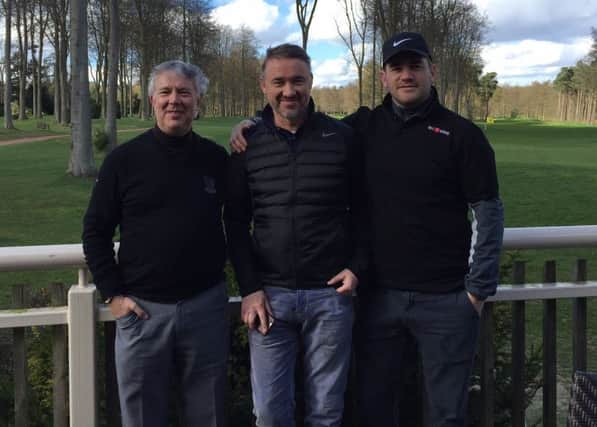 Seven-times world snooker champion Stephen Hendry with team partners Scott Goodall, right, and Yorkshire Post golf writer Chris Stratford at Forest Pines.