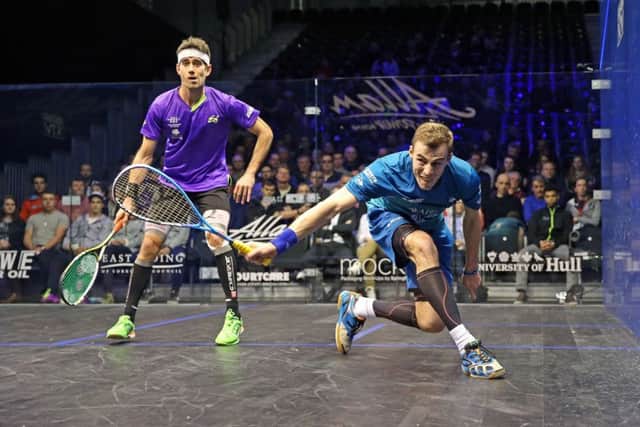 Nick Matthew, fires in a backhand in his first round victory over Spain's Borgja Golan. Picture courtesy of PSA.