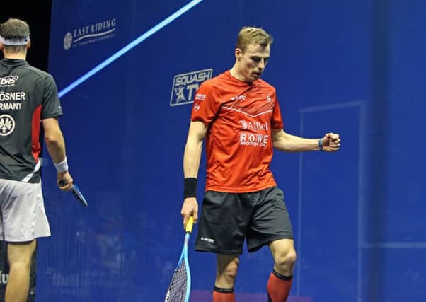 SAFELY THROUGH: Nick Matthew celebrates victory over Germany's Simon Rosner in Hull. Picture courtesy of PSA.