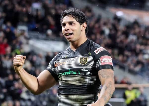 Hull FC's Albert Kelly (left) celebrates scoring a try during a Super League match at the KCOM Stadium, Hull. (Picture: Danny Lawson/PA Wire)