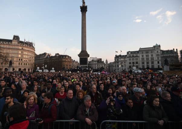 Crowds at the Trafalgar Square vigil after the Westminster terrorist attack.