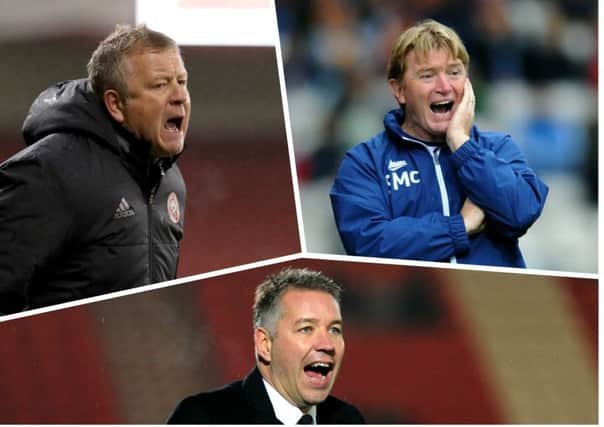 AIMING HIGH: Sheffield United manager Chris Wilder, top left, Bradford boss Stuart McCall, top right, and Doncaster manager, Darren Ferguson.