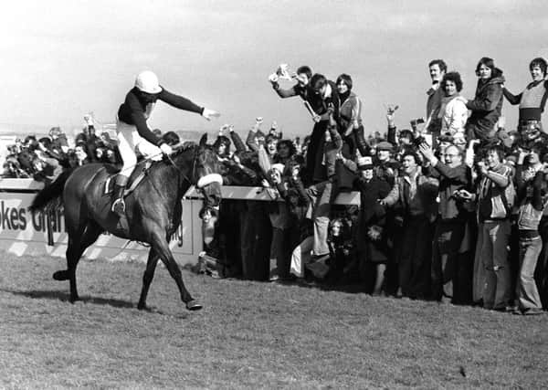 History-maker: The crowd goes wild with joy as Red Rum, ridden by Tommy Stack, gallops into racing history by winning the Grand National for a record third time at Aintree. (Picture: PA)