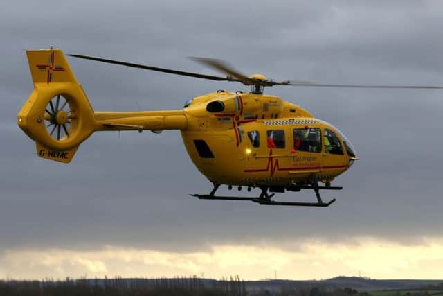 The East Anglian Air Ambulance helicopter G-HEMC, code name Anglia Two taking off from Cambridge Airport. (Photo: Chris Radburn/PA)