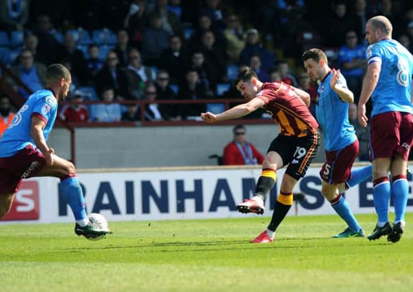 Alex Jones fires Bradford City into a 2-1 lead against Scunthorpe.