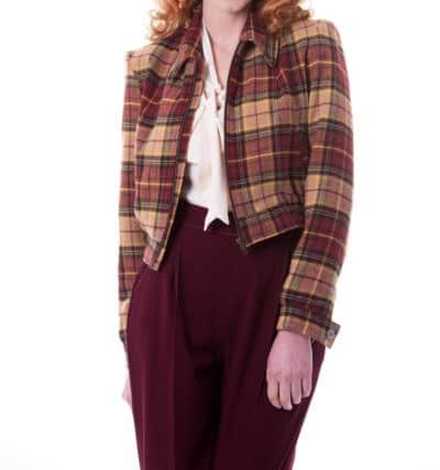 Americana Jacket, Â£149; '40s style pleated trousers, Â£72; pussy bow blouse, Â£55.