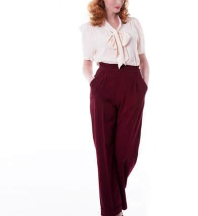 40s' style pleated trousers, Â£72; pussy bow blouse, Â£55.