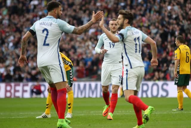 England's Jamie Vardy (centre) celebrates scoring his sides second goal during the World Cup Qualifying match at Wembley Stadium, London. (Picture: Nick Potts/PA Wire)