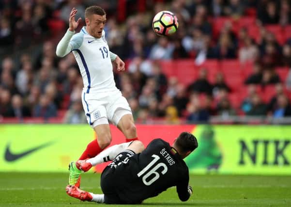 England's Jamie Vardy has a chance on goal which is hit over the bar during the World Cup Qualifying match at Wembley Stadium, London. (Picture: Nick Potts/PA Wire)