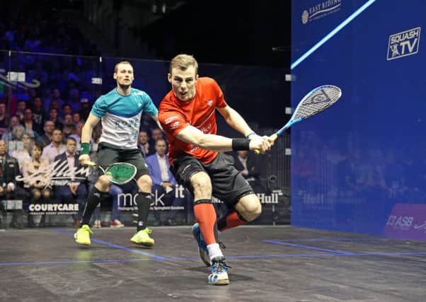 Nick Matthew plays a shot during the British Open final against Gregory Gaultier (Picture courtesy of the PSA).