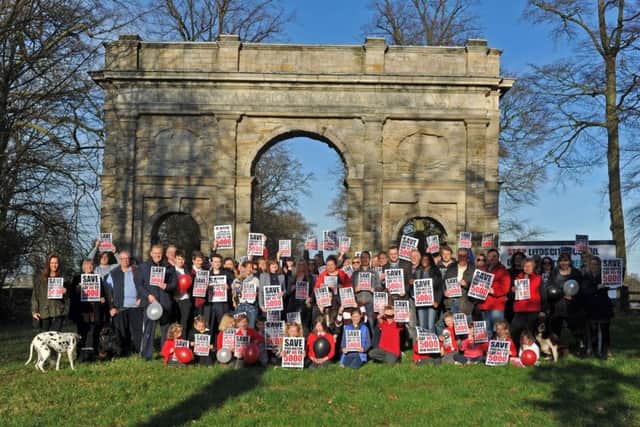 Campaigners gather to proitest against plans for 5000 homes to be built on green belt land on the Parlington estate between Aberford and Barwick. Picture Tony Johnson.