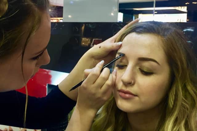 Laura Marcier make-up artist Emma Sykes demonstrates how to creat full natural brows on Olivia Haworth.