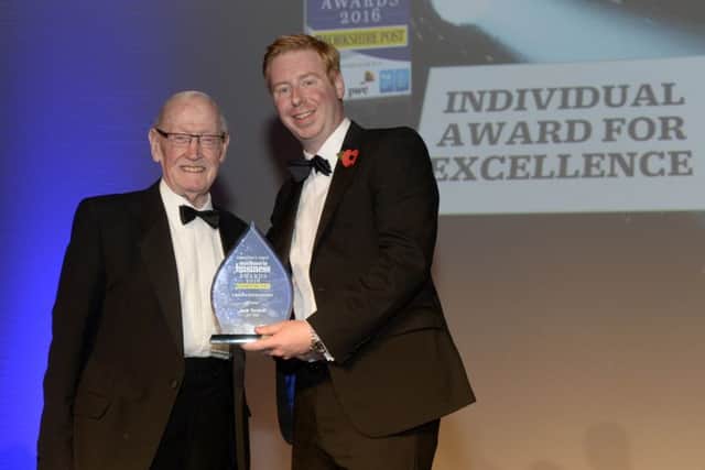 Jack Tordoff , Individual Award for Excellence, presented by Mark Casci.
Yorkshire Post Excellence in Business Awards 2016.  New Dock Hall.  4 November 2016.  Picture Bruce Rollinson