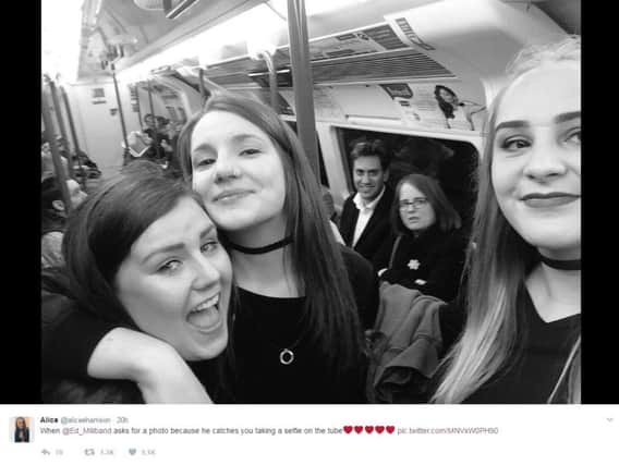 Doncaster North MP Ed Miliband has become an internet sensation once again after photobombing a selfie taken by a group of teenage girls. Picture: @AliceHarrison