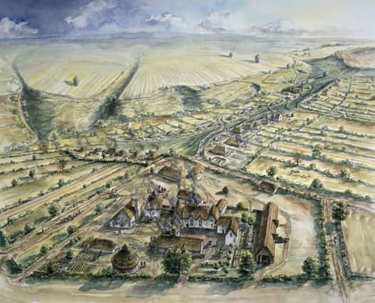 Historic Englands illustration of the medieval village of Wharram Percy in Yorkshire