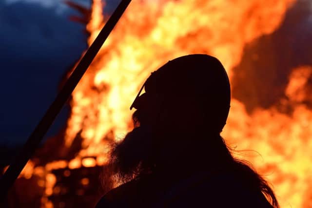 Flames from a 25ft wicker wolf lit the dusk sky in York to welcome the return of the Vikings to Yorks Jorvik Viking Centre, which re-opens on Saturday 8 April 2017. 
Photo: Anthony Chappel-Ross