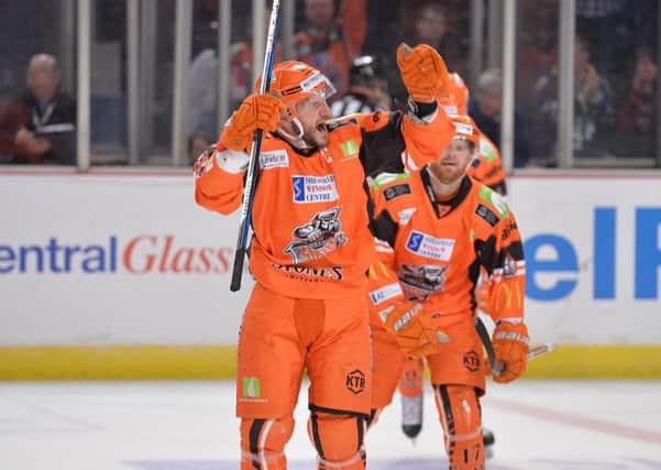 Sheffield Steelers' captain Jonathan Phillips celebrates his stunning goal against Nottingham Panthers. Picture: Dean Woolley.