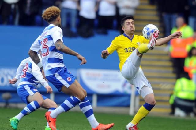DRAWING A BLANK: Leeds United's Pablo Hernandez battles for possession on a frustrating evening at Reading on Saturday. Picture: Tony Johnson.