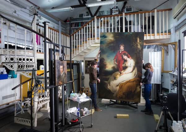 English Heritage Paintings Conservator Carol Lyons works on an 18th century painting by Thomas Lawrence from Brodsworth Hall at her studio at Ranger's House in Greenwich.  Picture date: Thursday April 14, 2016. Photograph by Christopher Ison for English Heritage Â©