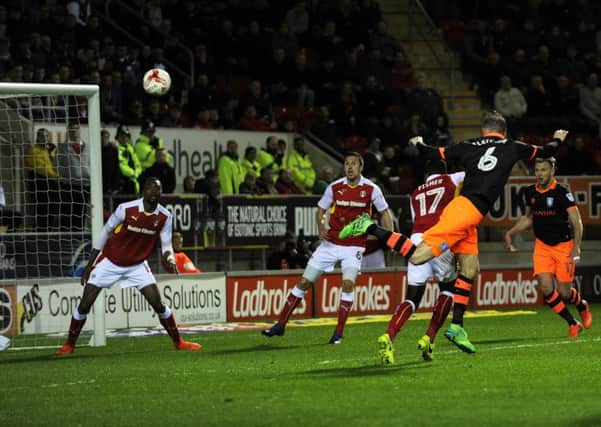 Steven Fletcher heads home his and Sheffield Wednesdays second goal of the night against Rotherham United (Picture: Steve Ellis).