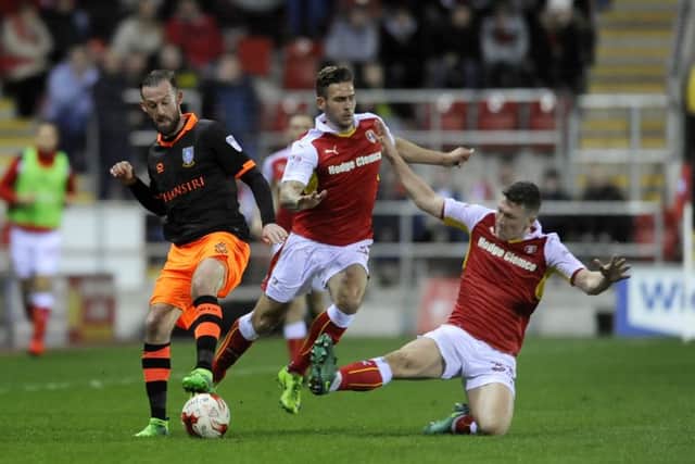 Sheffield Wednesday's Steven Fletcher tried to find a way through the Rotherham defence. Picture: Steve Ellis