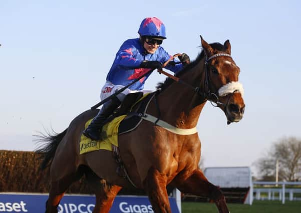 Cue Card ridden by Paddy Brennan pulls away from the last fence before going on to win The Betfair Ascot Steeple chase race, run during the Betfair Chase Raceday at Ascot Racecourse. (Picture: Julian Herbert/PA Wire)