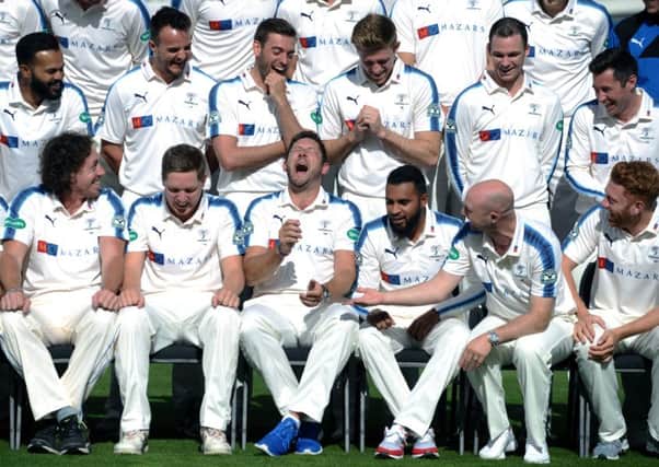 Yorkshire's players have a laugh during the photocall at Wednesday's media day at Headingley.
 Picture: Jonathan Gawthorpe.