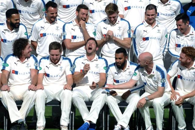 Yorkshire players enjoy a laugh during the photo call at Wednesday's media day (Picture: Jonathan Gawthorpe).