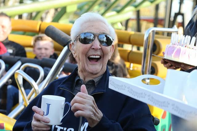 105-year-old Jack Reynolds rode the Twistersaurus rollercoaster at Flamingo Land in Malton, to mark his 105th birthday