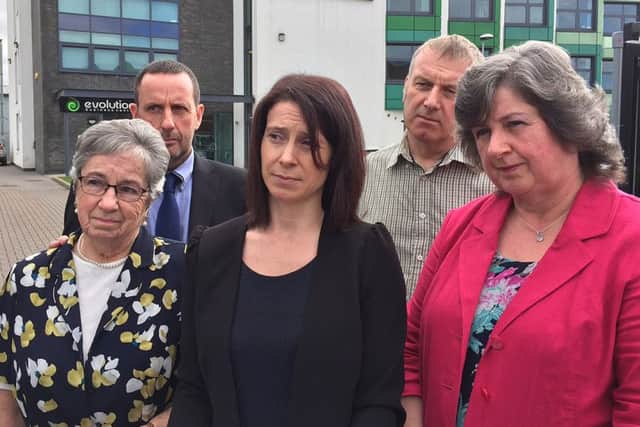 The family of care home resident Albert Pooley, including (from left) his widow Kathleen, solicitor Michelle Thomson and daughter Caroline Corner, outside the inquest