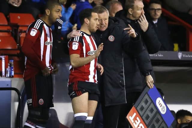 Chris Wilder manager of Sheffield Utd makes a double substitution bringing on Leon Clarke of Sheffield Utd and Samir Carruthers of Sheffield Utd during the English League One match at Bramall Lane Stadium, Sheffield. Picture date: April 5th 2017. Pic credit should read: Simon Bellis/Sportimage