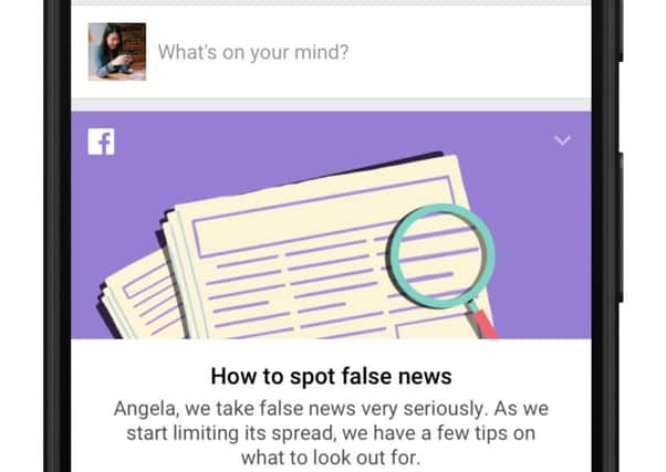 Facebook picture of its new 'educational tool' to help users spot fake news stories