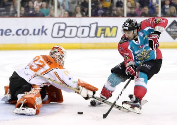 Belfast Giants' James Desmarais bears down on Sheffield Steelers' goalie Ervins Mustukovs during the March 17 meeting between the two at the SSE Arena.  Picture courtesy of EIHL/William Cherry