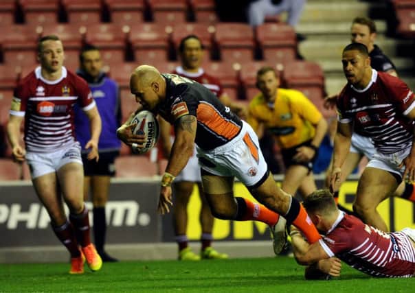 Castleford Tigers' Jake Webster goes over to score the first try in their 27-10 win at Wigan Warriors (
Picture: Jonathan Gawthorpe).