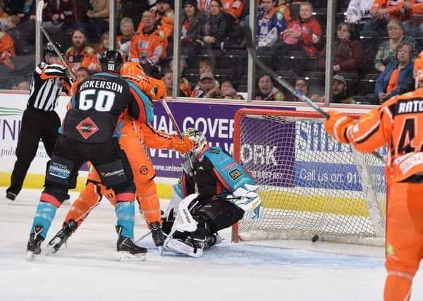 Steelers' Mathieu Roy pokes the puck home through Stephen Murphy during the hosts 5-1 victory over Belfast back in November. Picture: Dean Woolley.