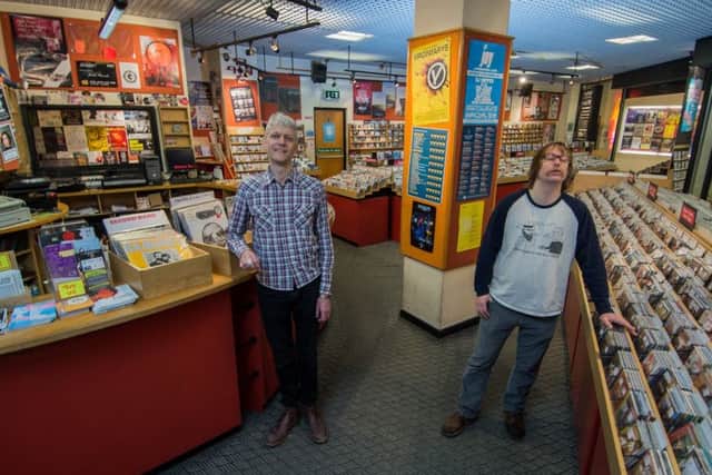 Date:21st March 2017.
Picture James Hardisty.
Jumbo Records, St John's Centre, Leeds. Pictured (left to right) Adam Gillison, and Matthew Bradshaw.
