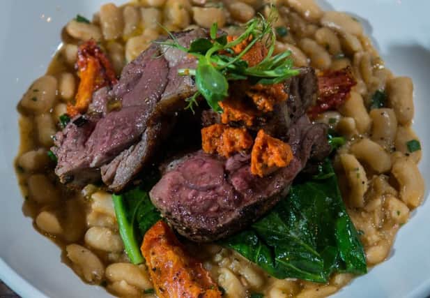 Yorkshire lamb rump, cannellini beans, spring cabbage and Salsa Rossa.