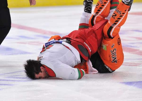 OUCH! Cardiff's Mark Louis crashes into the ice at Sheffield Arena after a tussles with Steelers' Zack Fitzgerald. Picture: Dean Woolley.