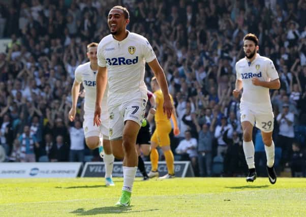 Kemar Roofe celebrates his opening goal for Leeds against Preston at  Elland Road. PIC: Bruce Rollinson