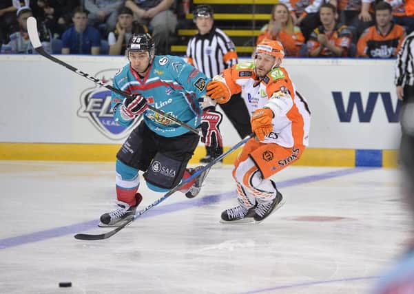 Jonathan Phillips in action against Belfast on Saturday evening at the NIC. Picture: Dean Woolley.