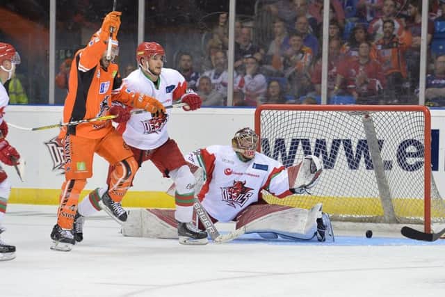 Sheffield Steelers in action against Cardiff Devils in the Elite League play-off final (Picture: Dean Woolley)