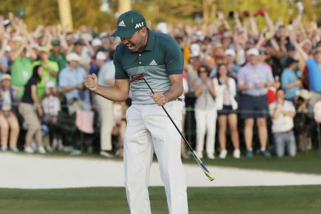 Sergio Garcia shows his delight after making his birdie putt on the 18th green to win the Masters  in Augusta. Picture: AP Photo/David J. Phillip)