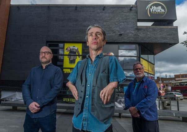 Actor Mat Fraser, from the smash hit US television series American Horror, who will be playing Richard III at Hull Truck Theatre, with Mark Babych, Artistic Director, and Hull-born director Barrie Rutter. Credit James Hardisty