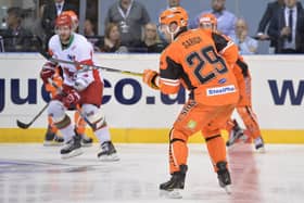 GOING FOR GOOD: Rod Sarich, helping the Steelers to a fifth Elite League play-off title by defeating Cardiff on Sunday. Picture: Dean Woolley.
