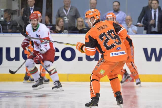 GOING FOR GOOD: Rod Sarich, helping the Steelers to a fifth Elite League play-off title by defeating Cardiff on Sunday. Picture: Dean Woolley.