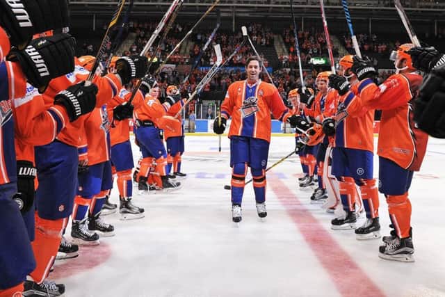 SECOND TIME AROUND: Rod Sarich is given a warm send off by his Steelers' team-mates after entering his second retirement with a first CHL win for the club when beating Red Bull Salzburg. Picture: Dean Woolley.