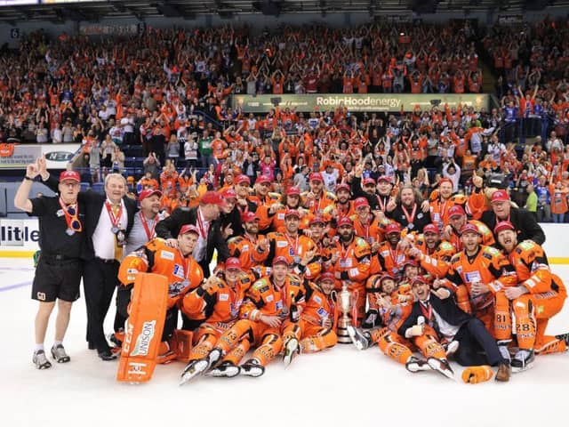 WINNERS: Sheffield Steelers celebrate their Elite League Play-off win over Cardiff Devils in Nottingham on Sunday. Picture: Dean Woolley.