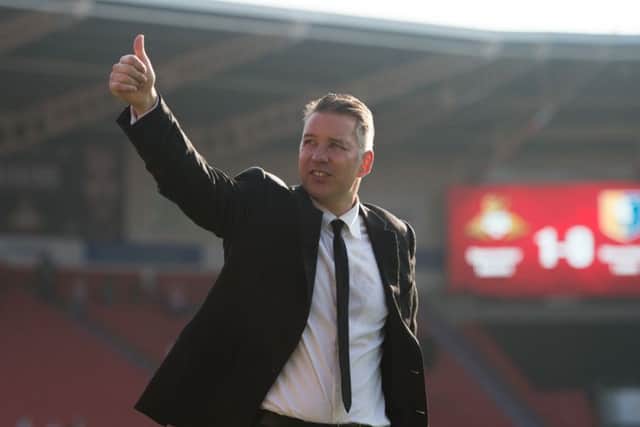 Doncaster Rovers manager Darren Ferguson celebrates promotion after the Sky Bet League Two match at the Keepmoat Stadium, Doncaster. (Picture: Jon Buckle/PA Wire)